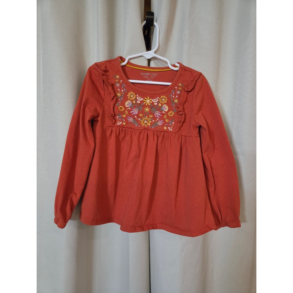 Shabby Chic Girls Burnt Orange Floral Embroidered Ruffle Long Sleeve Top 5/6
